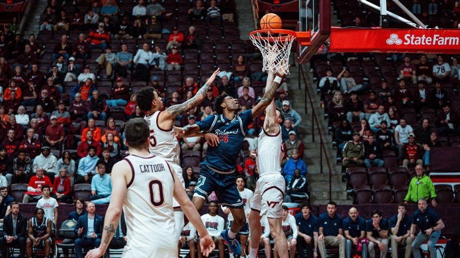 Graduate forward Isaiah Bigelow during the March 19 game against Virginia Tech. Courtesy of Richmond Athletics.