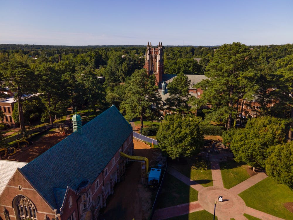 <p>A view of Boatwright Memorial Library from behind Ryland Hall.</p>