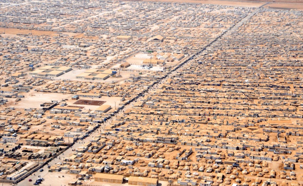 <p>An aerial view of the Za'atri Refugee Camp in Jordan. Approximately 81,000 refugees from the Syrian Civil War live in Za'atri.</p>