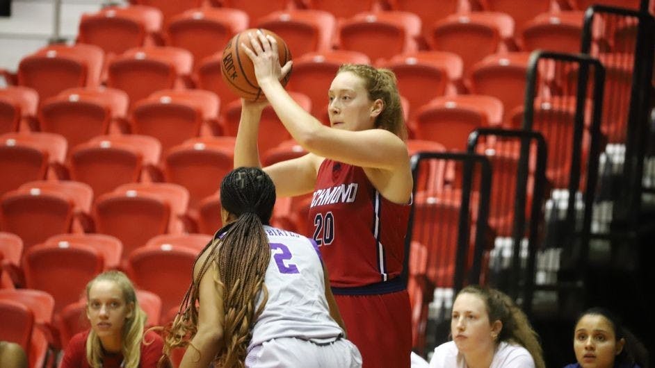 Junior forward Addie Budnik attacks against Tarleton State player at the Puerto Rico Clasico tournament on Dec. 21. Photo courtesy of Richmond Athletics.&nbsp;