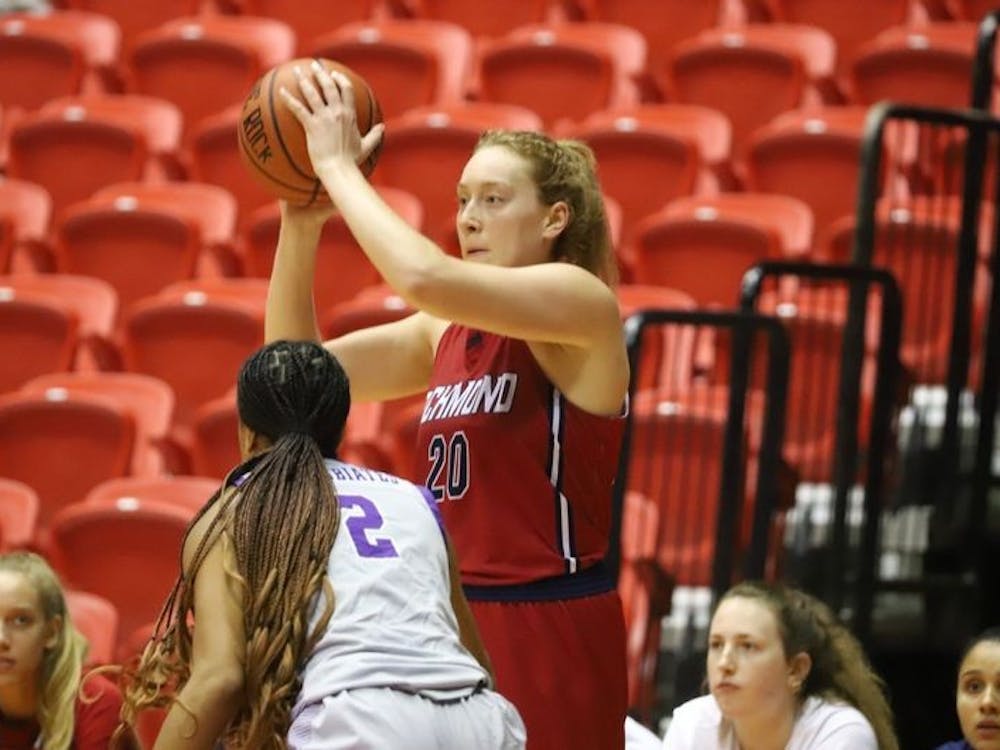 Junior forward Addie Budnik attacks against Tarleton State player at the Puerto Rico Clasico tournament on Dec. 21. Photo courtesy of Richmond Athletics. 