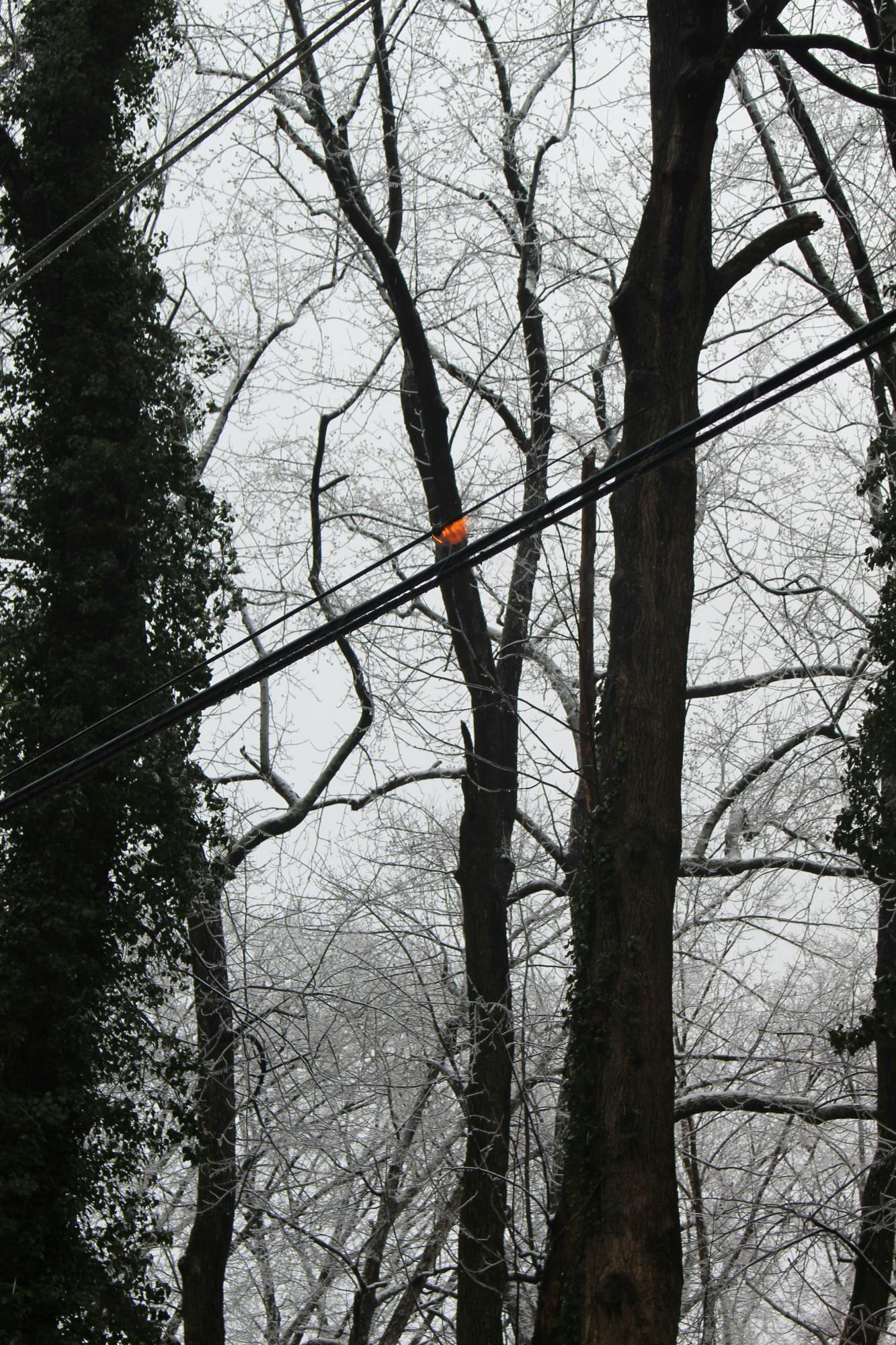Small fire on power line on Campus Drive.