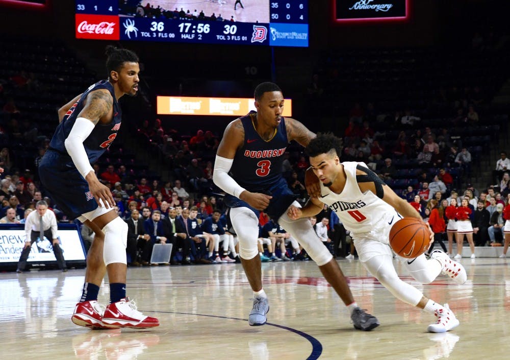 Sophomore guard Jacob Gilyard drives to the basket against Duquesne. He scored 22 points in the Spiders' loss.