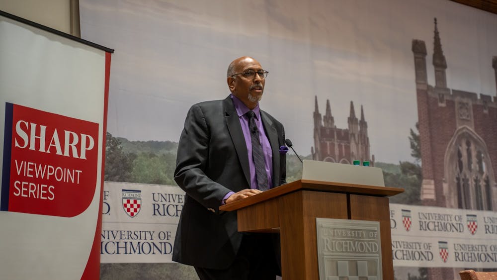 Michael Steele delivers a speech as part of the Sharp Speaker Series.