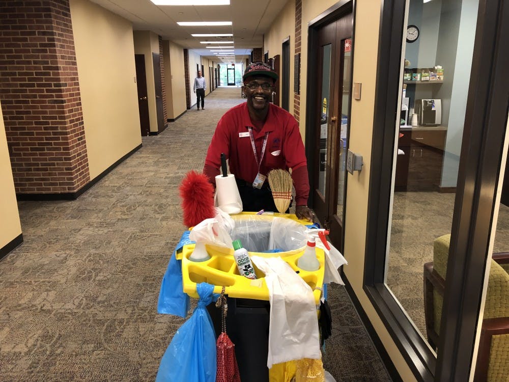 <p>Michael W. Taylor, 57, is an auxiliary custodian who is responsible for the cleanliness of Tyler Haynes Commons.</p>