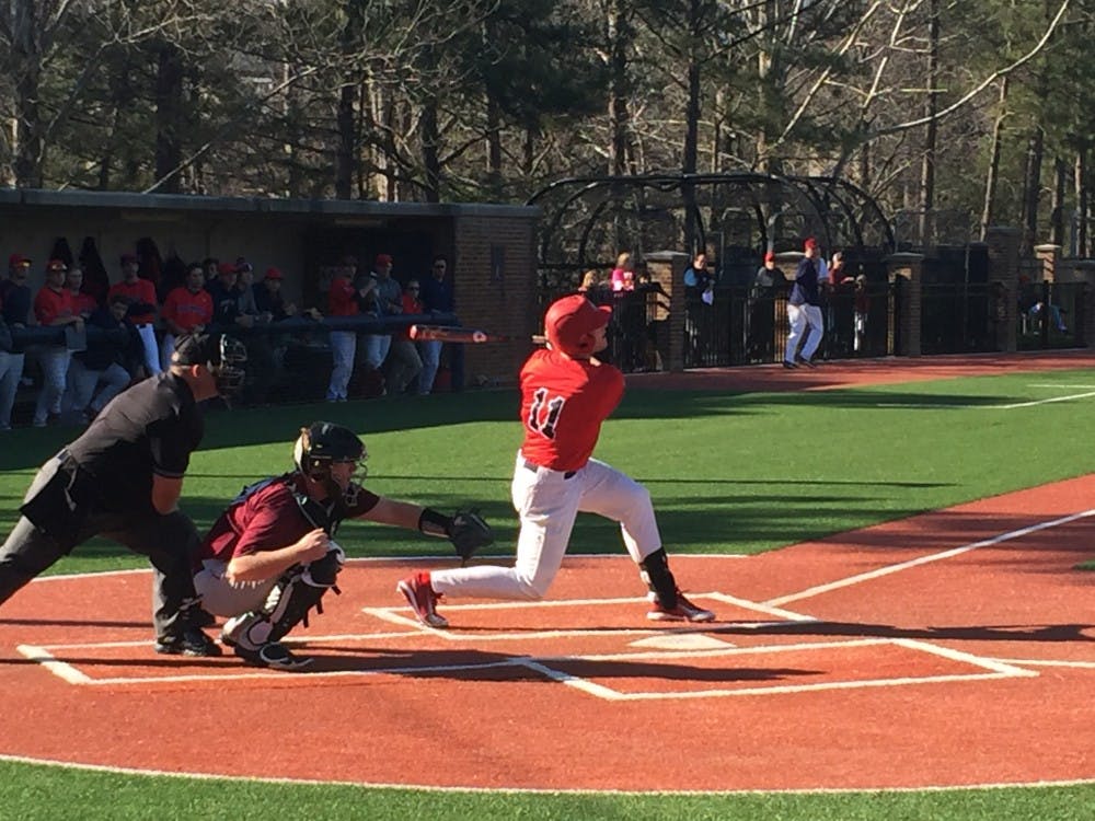 <p>Doug Kraeger watches as his hit flies into the outfield during a series&nbsp;against UMES this weekend. Kraeger hit for the cycle in Sunday's game.&nbsp;</p>
