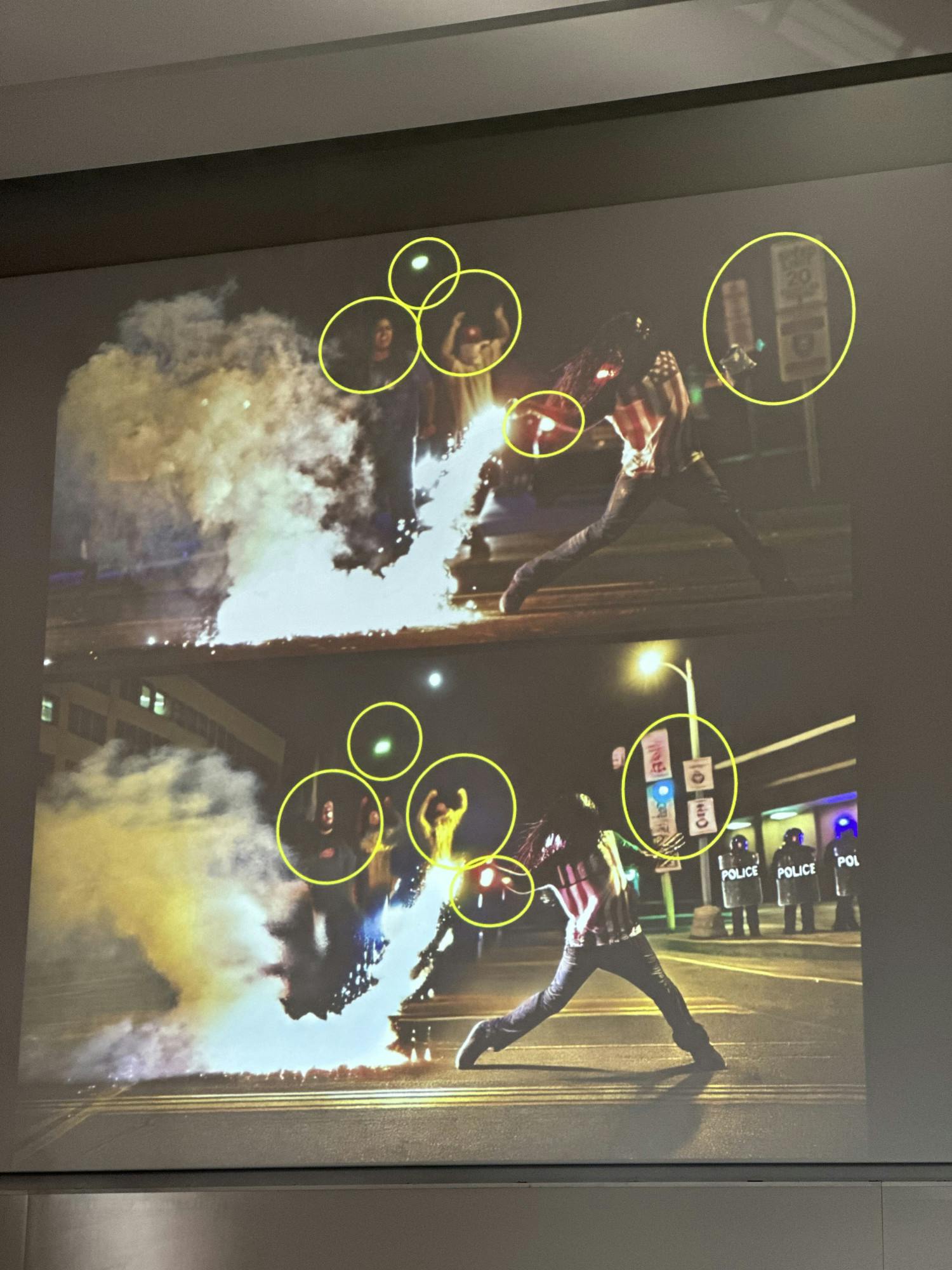 During his talk on March 26, photojournalist David Carson encircled differences in AI-generated photos and real photographs in news coverage.