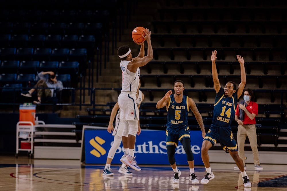 <p>Graduate Student forward Blake Francis takes a shot over a defender during a game against St. Mary's College on February 14th. <em>Photo courtesy of Richmond Athletics</em></p>