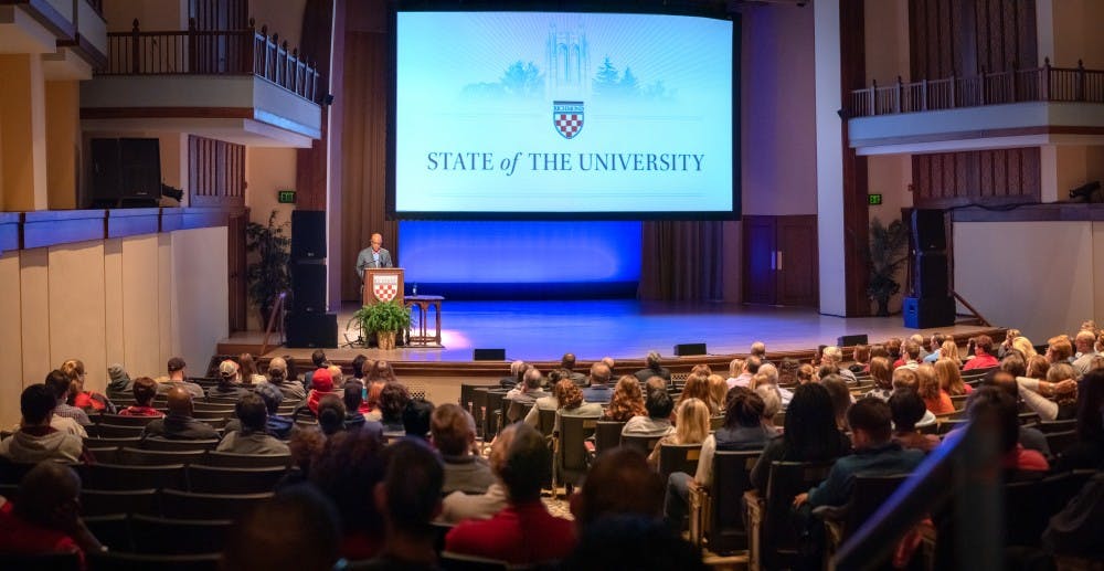 University President Ronald Crutcher gives his State of the University address on Tuesday, Nov. 13 in Camp Concert Hall. 