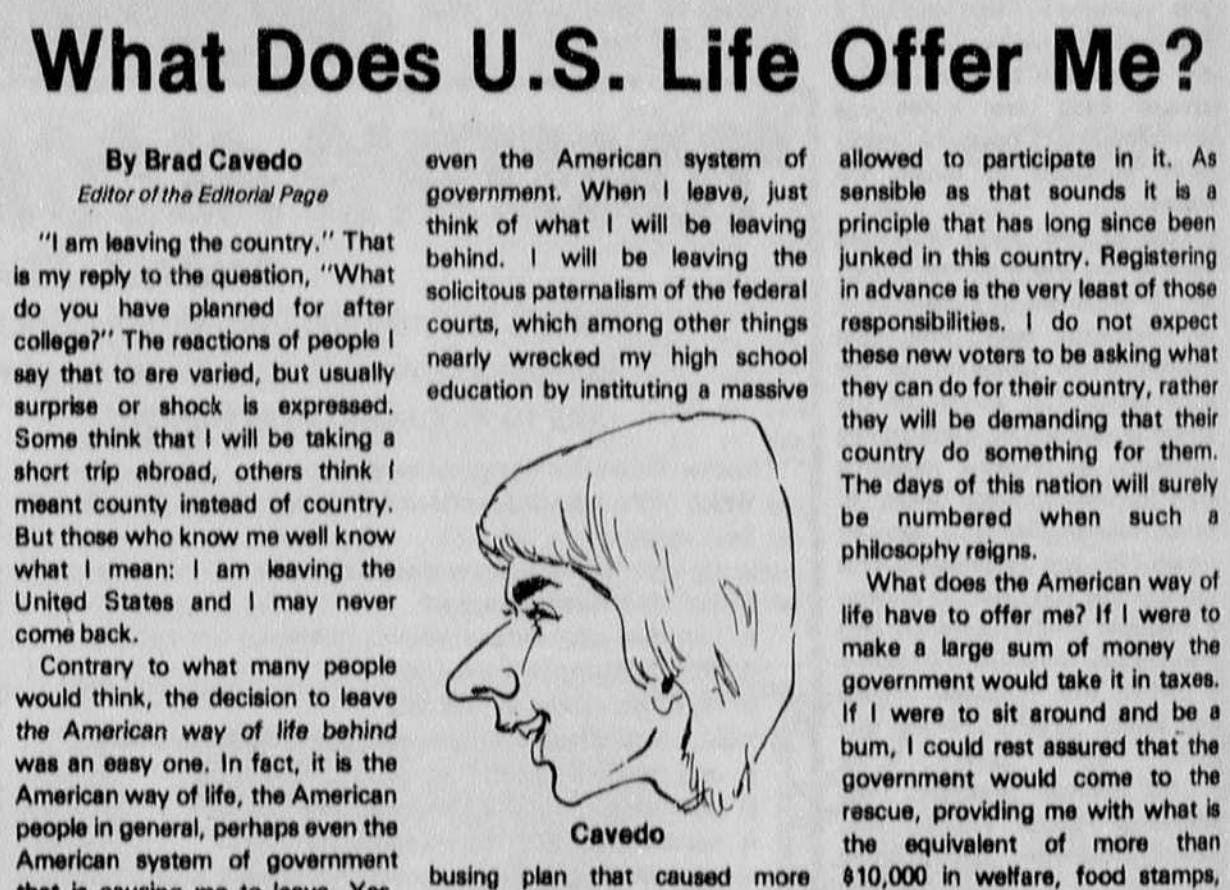 Richmond Circuit Court Judge Bradley Cavedo's opinion piece in the April 21, 1977, issue of The Collegian, from The Collegian Archives.&nbsp;
