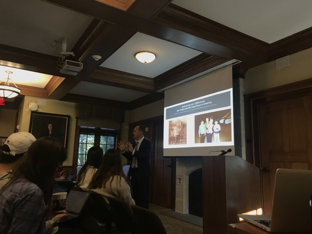 Dr. Harold Fernandez speaks to a room full of students and professors about his journey to America and life afterward as an undocumented immigrant on Tuesday, Oct. 30. 