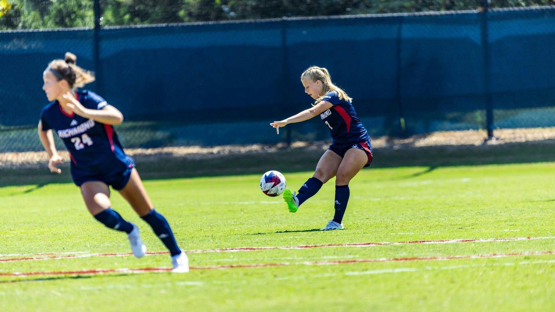 Midfielder Cameryn Sicard passes at home game against William and Mary Aug. 24. Photo courtesy of Richmond Athletics.&nbsp;