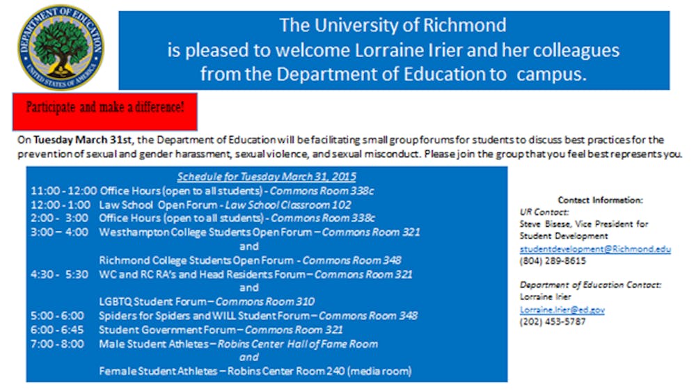 <p>This flyer, which has been sent to Richmond students, details the events schedule for the Department of Education's visit Tuesday.</p>