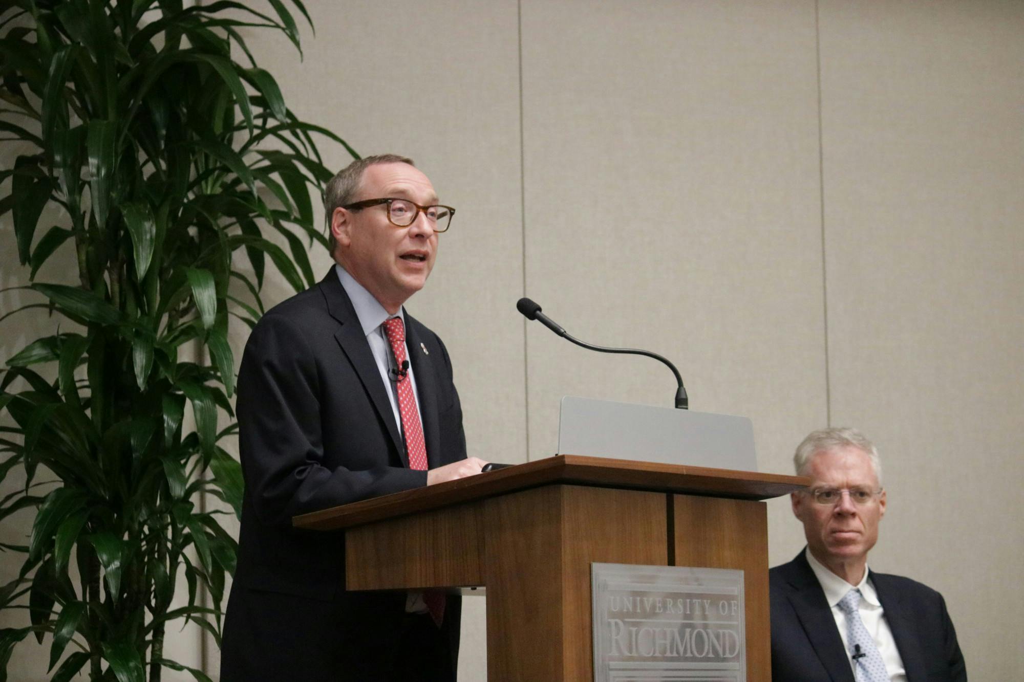 President Kevin Hallock introduces panelists at "The Future of Higher Education" event during inauguration on April 8 in the Queally Center for Admission and Career Services.