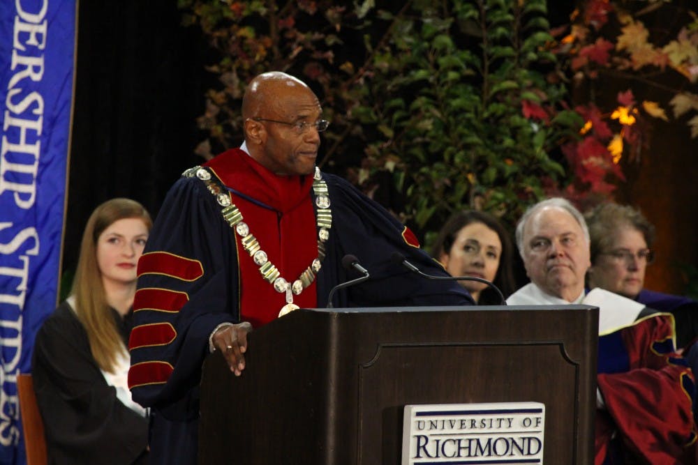 <p>University of Richmond&nbsp;President Ronald A. Crutcher addresses students, faculty, alumni and members of the community at his inauguration, Oct. 30, 2015.</p>