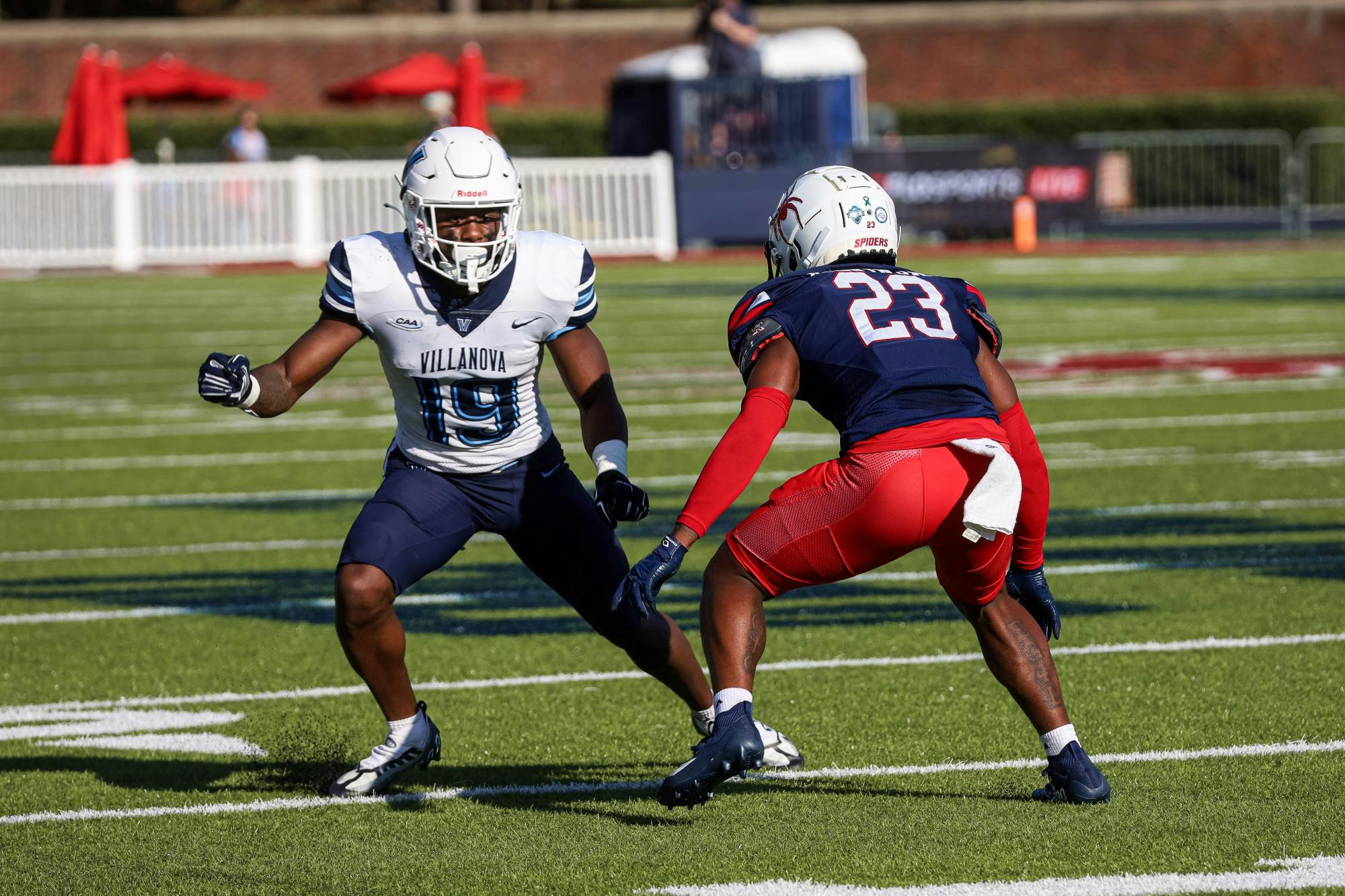 Sophomore defensive back Angelo Rankin guards a Villanova University player at the Oct. 15 game in the Robins Stadium.