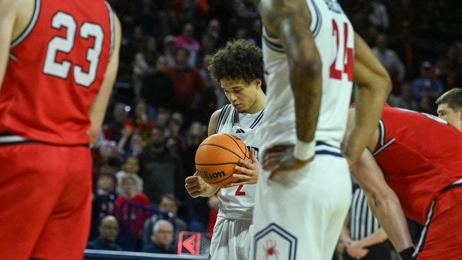 Graduate guard Jordan King during the Feb. 24 game against Davidson College. Courtesy of Richmond Athletics.