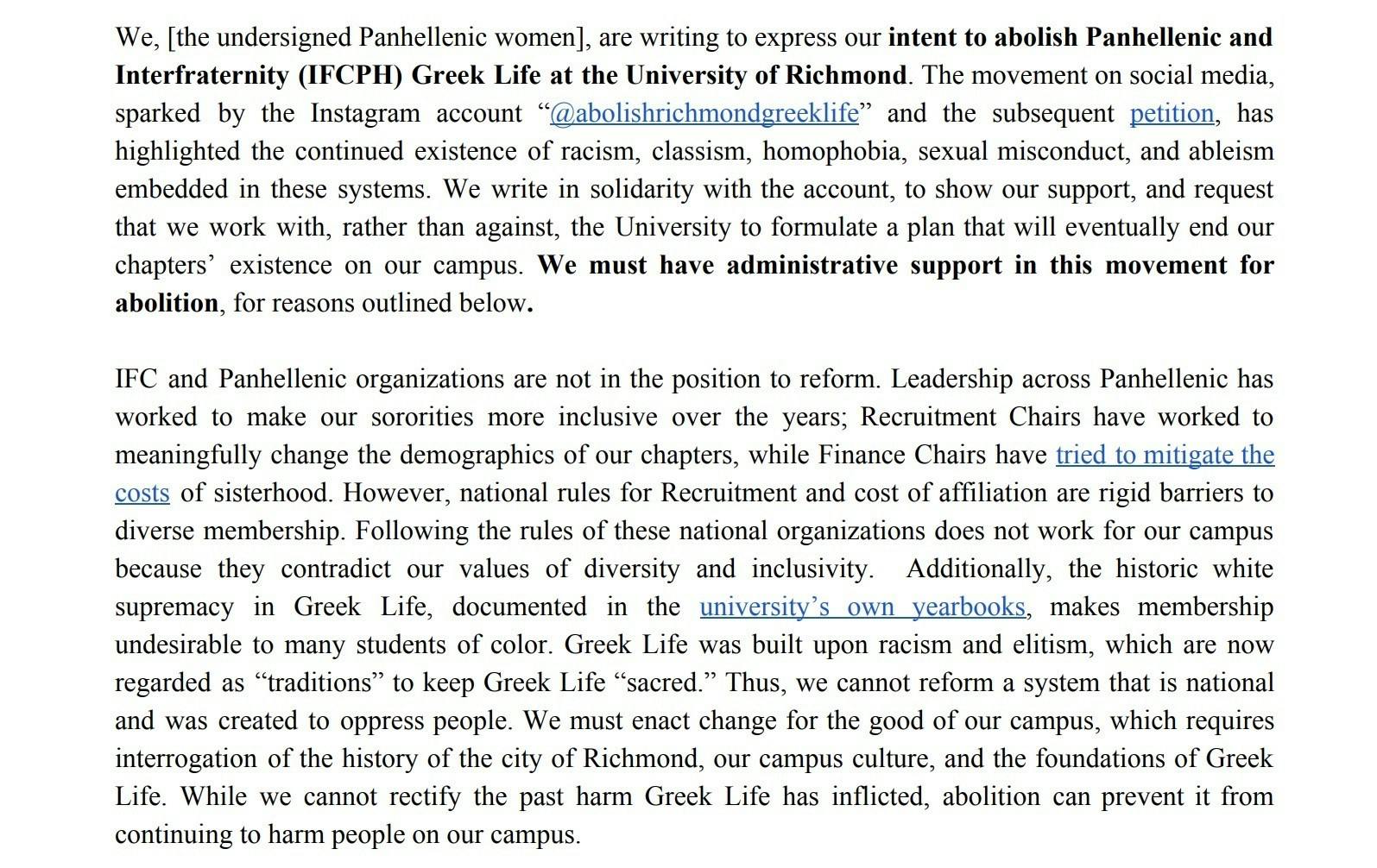 First two paragraphs of statement signed by more than 100 students requesting the abolishment of Greek life, which was sent in an email to members of the UR administration and the president of the faculty senate on Aug. 9.&nbsp;