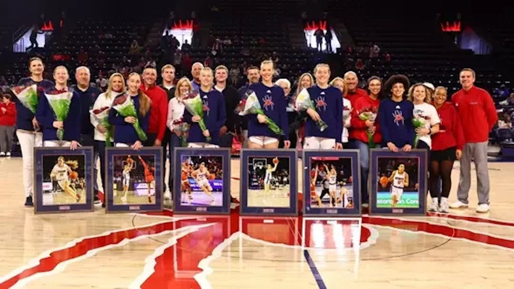 The UR women's basketball team celebrates Senior Day. Courtesy of Richmond Athletics