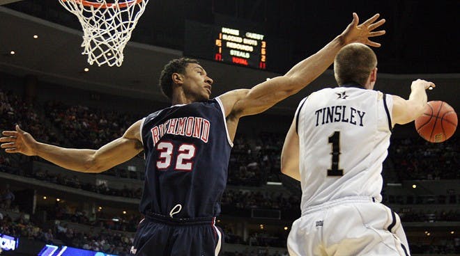 University of Richmond senior Justin Harper goes to block a shot during the second-round NCAA men's basketball tournament game at Pepsi Center in Denver on Thursday, March 17, 2011. (Anna Kuta/The Collegian)