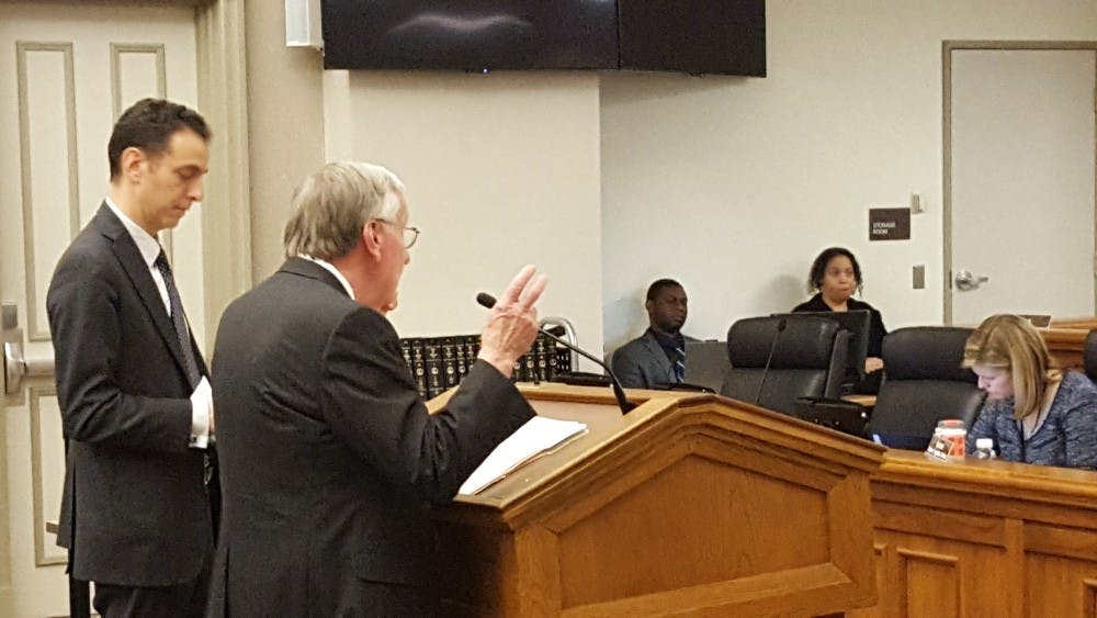 <p>Del. Ken Plum (front right) presents his minimum wage bill to the House Commerce and Labor Subcommittee #2.</p>