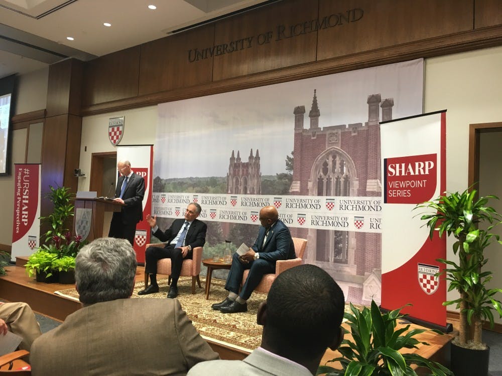 Robert Zimmer, left, president of the University of Chicago, and Ronald Crutcher, president of UR, discuss freedom of expression at a Sharp Viewpoint Speaker event Tuesday night.&nbsp;