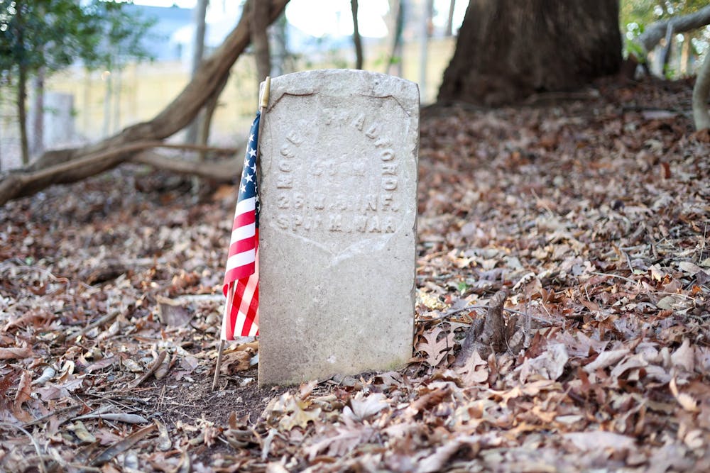 <p>Moses Bradford Junior's headstone is one of the two left standing at the Sons and Daughters of Ham Cemetery. He was a veteran of the Spanish-American War.</p>