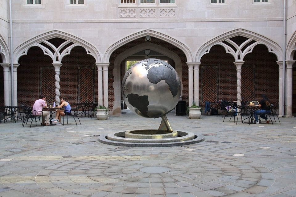 The courtyard of the Carole Weinstein International Center, where Center for Global Engagement is located.
