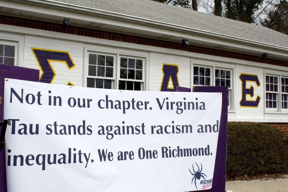 SAE's Virginia Tau chapter added this banner outside of its lodge Friday morning, in response to the the racist video that emerged from the Oklahoma chapter