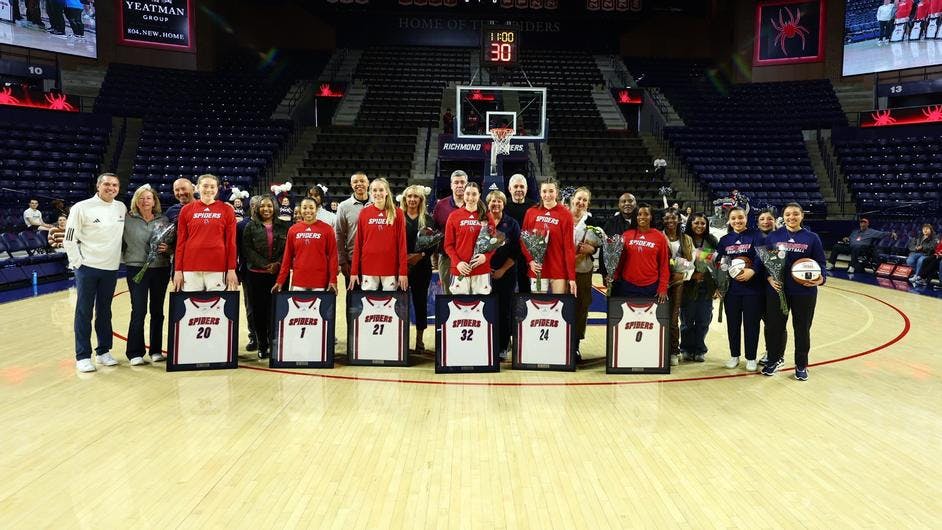 The women's basketball team celebrates senior night on Feb. 17. Courtesy of Richmond Athletics.