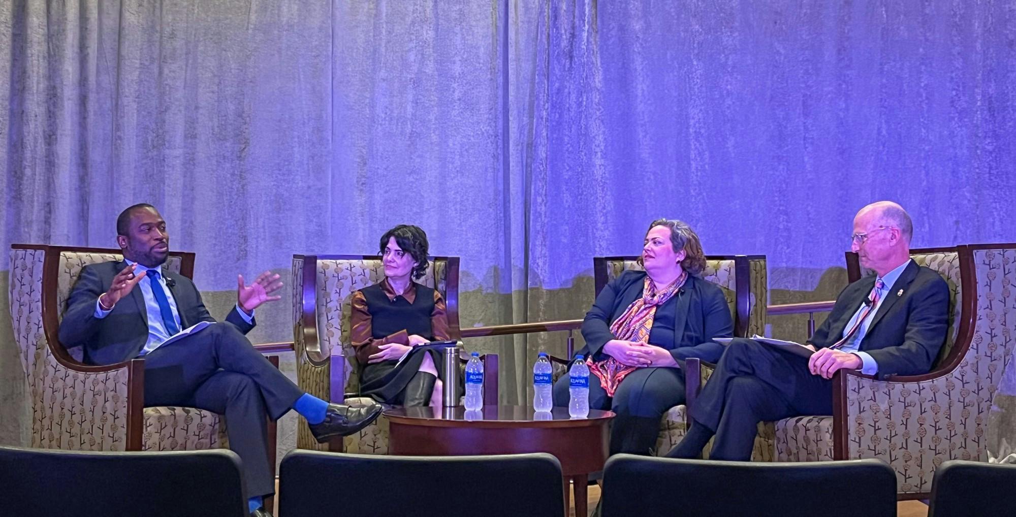 From left to right Richmond Mayor Levar Stoney; diplomat Nina Hachigian; Jenna Ben-Yehuda, Truman National Security Project president and Jeffrey Legro, executive vice president and provost at a panel on Oct. 26.
