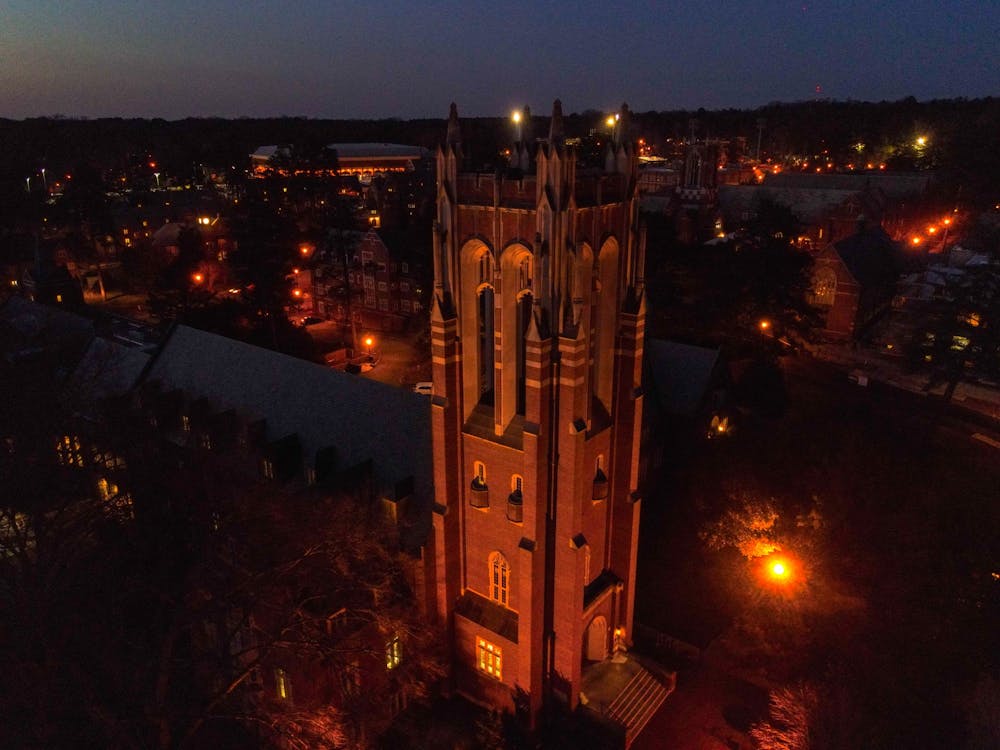 <p>The tower at Boatwright Memorial Library glows on a March night.</p>