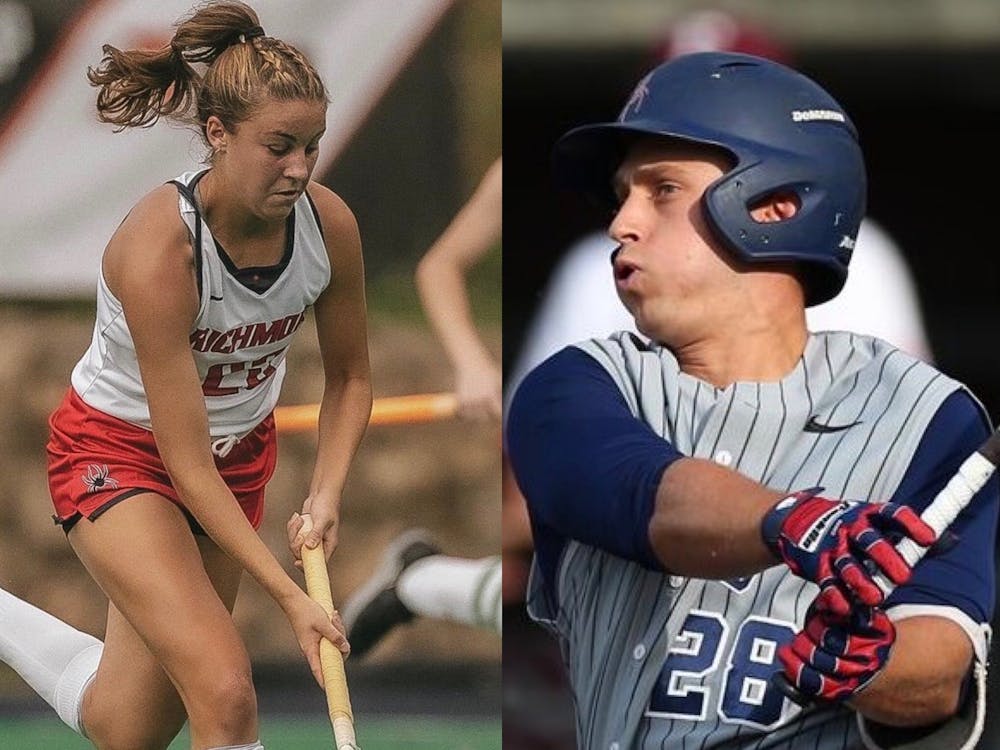 Collage of junior Jordan Schulefand playing baseball and freshman Lindsey Frank playing field hockey. Both photos courtesy of Richmond Athletics