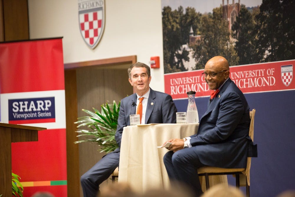 <p>Virginia gubernatorial candidate Ralph Northam (left)&nbsp;speaks with UR President Ronald A. Crutcher during a SHARP discussion. <em>Photo courtesy of University of Richmond</em></p>