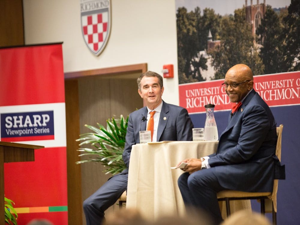 Virginia gubernatorial candidate Ralph Northam (left) speaks with UR President Ronald A. Crutcher during a SHARP discussion. Photo courtesy of University of Richmond