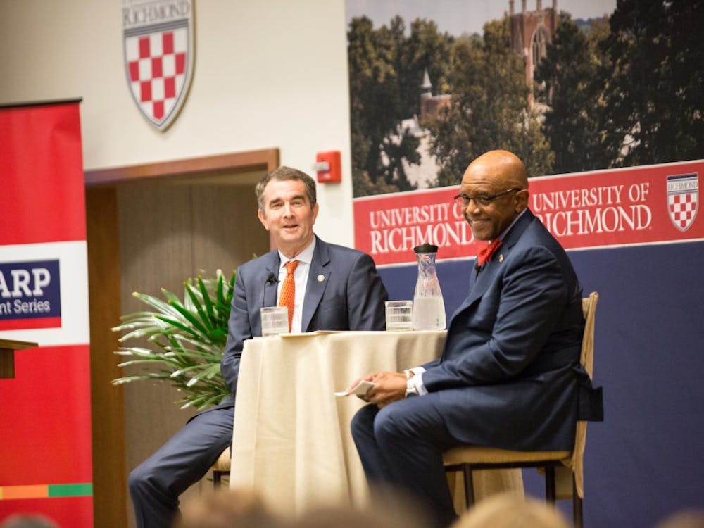 Virginia gubernatorial candidate Ralph Northam (left)&nbsp;speaks with UR President Ronald A. Crutcher during a SHARP discussion. Photo courtesy of University of Richmond