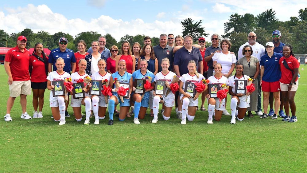 The Richmond women's soccer team during their senior game against the University of North Carolina at Charlotte. Photo courtesy of Richmond Athletics.&nbsp;