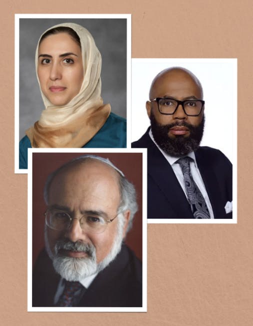 A composite of faith leaders Rev. Emanuel Harris and Rabbi Emeritus Gary Creditor alongside VCU Associate Professor Samaneh Oladi. 