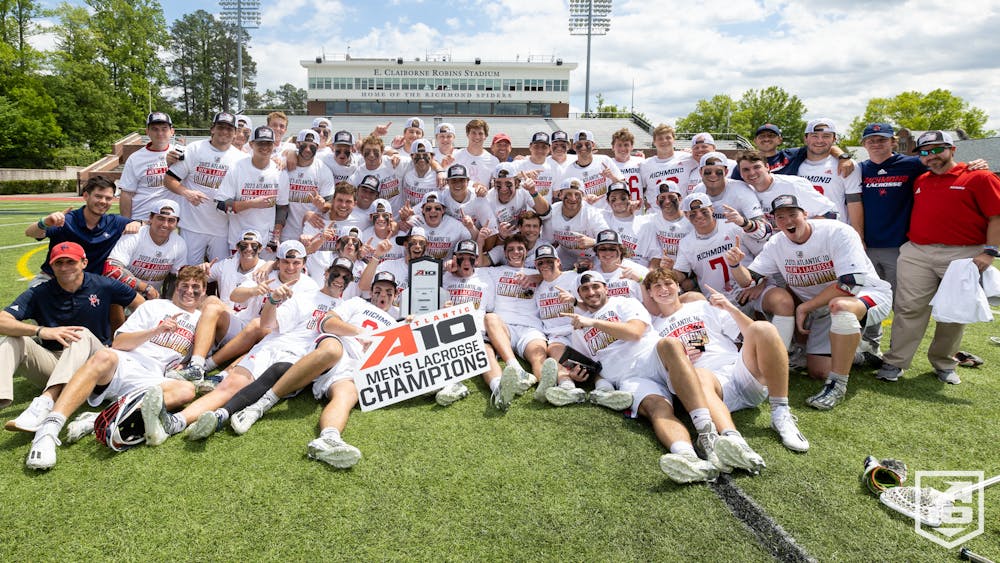 <p>UR men's lacrosse team after winning the A10 championship against High Point University on May 6. Photo courtesy of Richmond Athletics.&nbsp;</p>