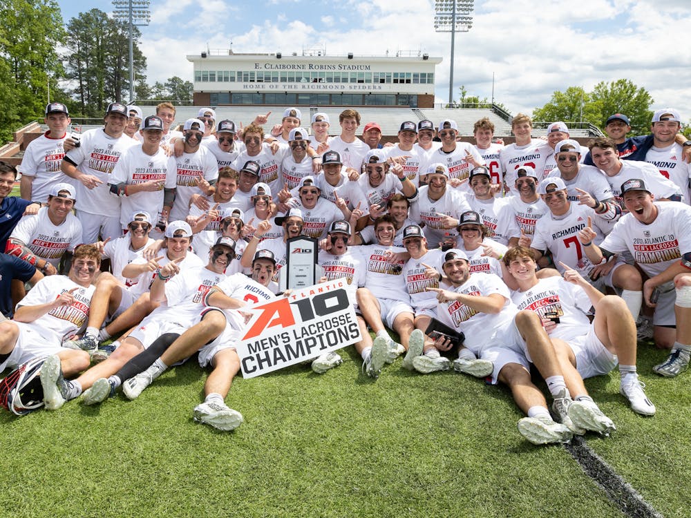 UR men's lacrosse team after winning the A10 championship against High Point University on May 6. Photo courtesy of Richmond Athletics.&nbsp;
