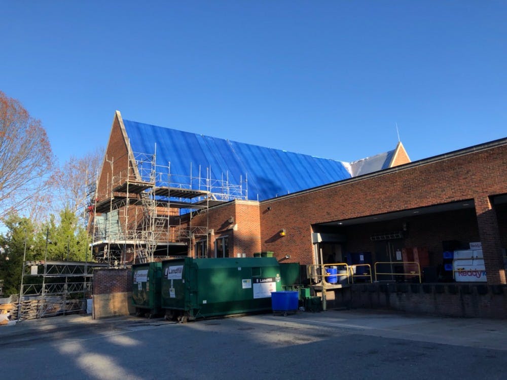 Construction on the roof of the Heilman Dining Center will continue in to December. 