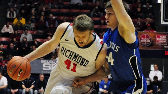 Senior center Dan Geriot charges to the basket.