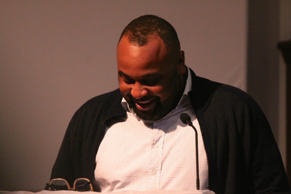 Dr. Julian Hayter speaks to a full audience at Ukrop Auditorium.