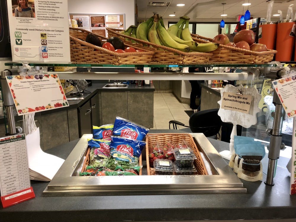 <p>The new fresh produce section at ETC is located at the counter near the refrigerators.</p>