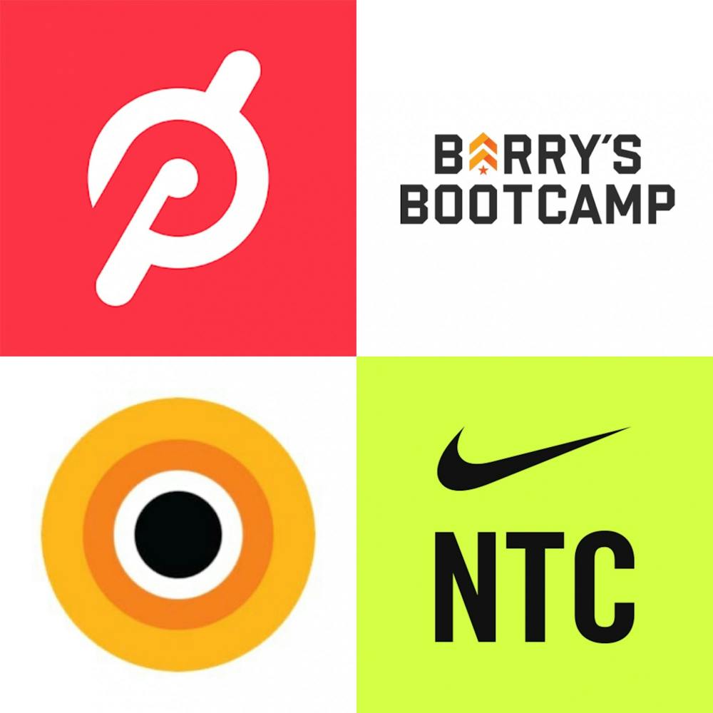 <p>A collage, from top left to bottom right, of the Peloton, Barry's Bootcamp, CorePower Yoga OnDemand and Nike Training Club logos.&nbsp;</p>