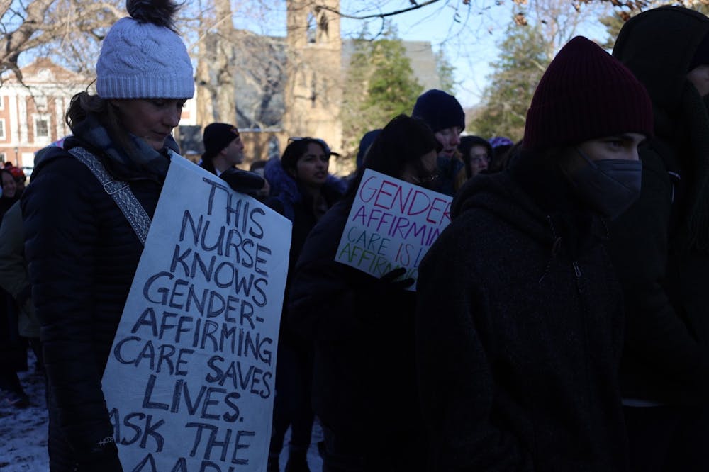 <p>Nurses and others rally at the University of Virginia on behalf of gender-affirming care.&nbsp;</p>