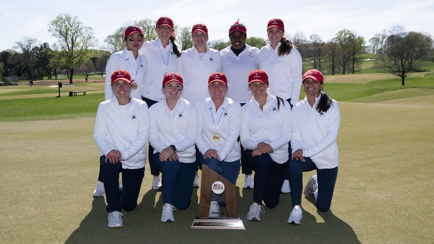 The women's golf team poses with its second place trophy at the Patriot League Championship on April 17. Photo courtesy of Richmond Athletics.