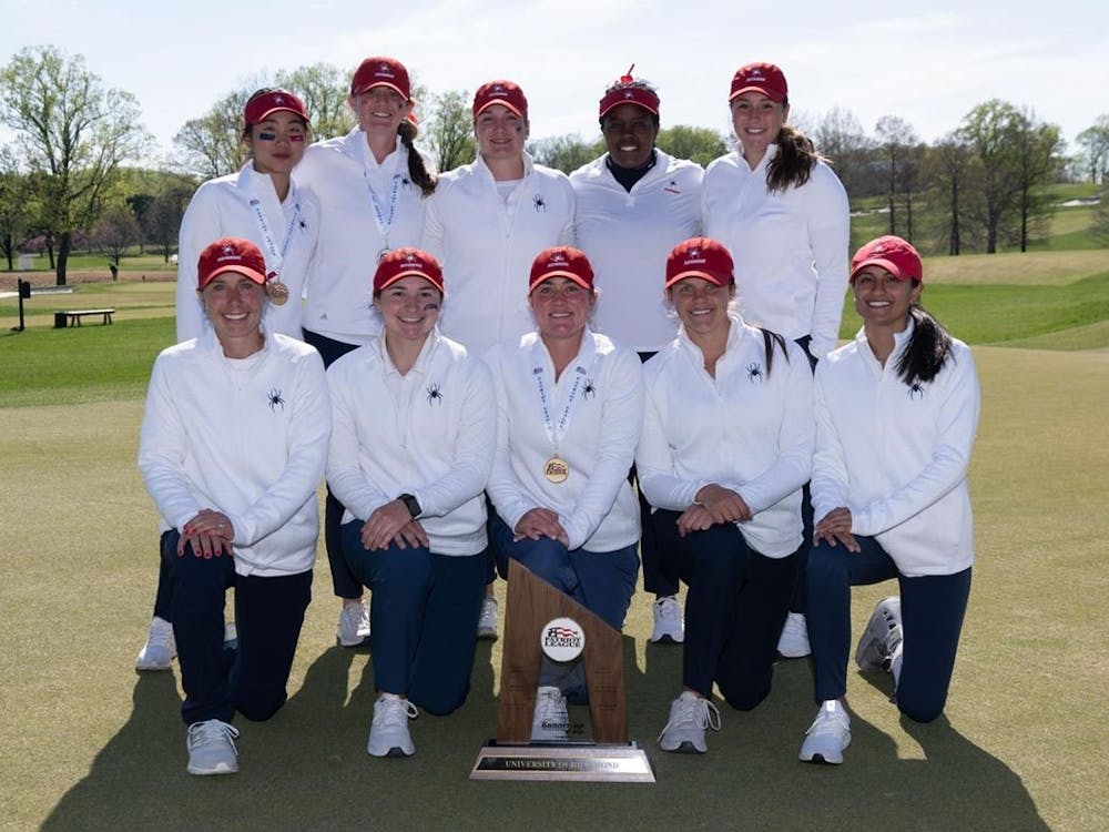 The women's golf team poses with its second place trophy at the Patriot League Championship on April 17. Photo courtesy of Richmond Athletics.