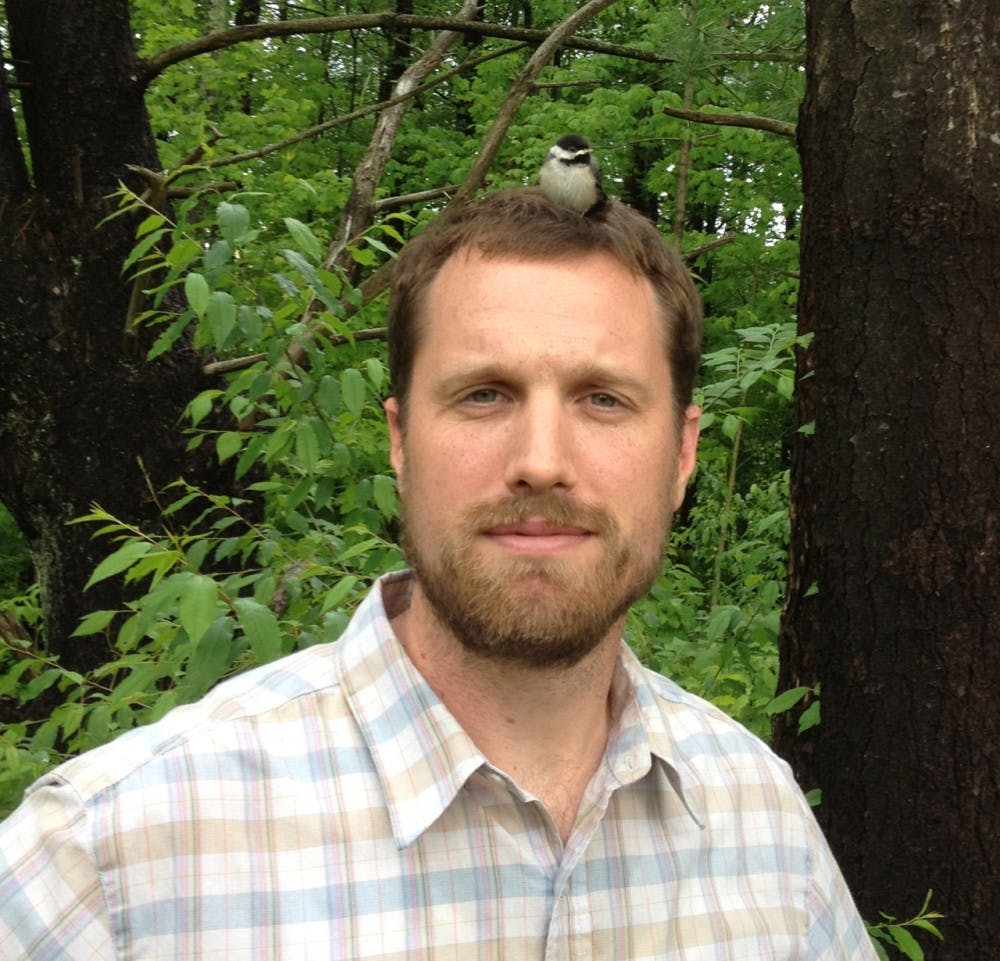 While working at Penn State, Rob Andrejewski became one with nature -- literally -- when a bird decided his head would make a nice resting spot. Photo courtesy of Jeremy Bean.