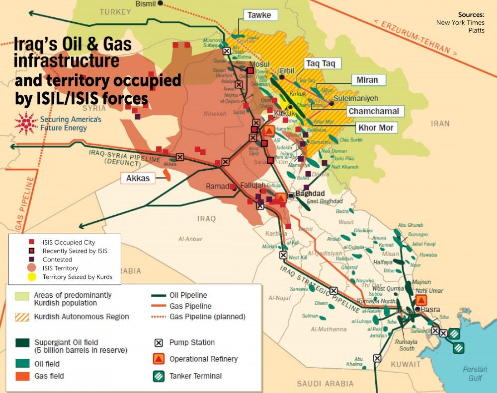 <p>Map detailing ISIS' control of oil fields in Iraq and Syria. &nbsp;Source: NYT</p>